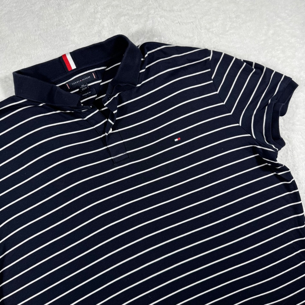 Tommy Hilfiger Mens XXL Navy Blue White Striped Regular Fit Cotton Polo Shirt